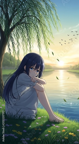 Solitary young woman by tranquil riverbank at sunrise, serene landscape, gentle breeze