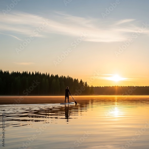 Solo paddleboarder glides on misty lake at sunrise, silhouetted against warm golden light