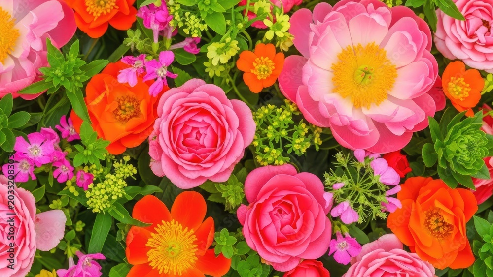 Fototapeta premium Dense bed of colorful blooming flowers in a garden.