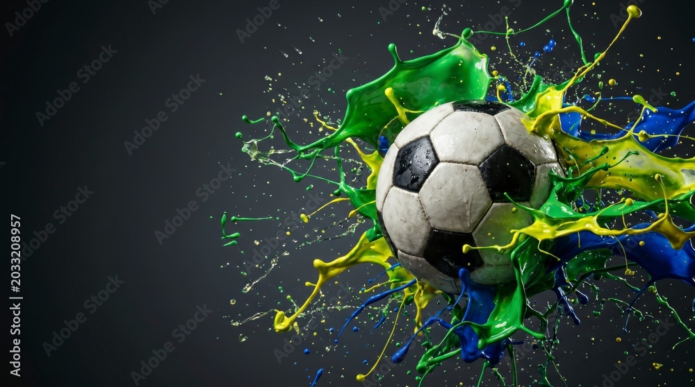 Fototapeta premium A soccer ball bursting through vibrant splashes of green, blue, and yellow paint on a dark background.
