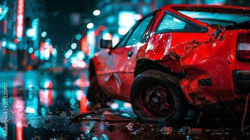 Damaged vehicle after collision on wet urban road, shattered bumper and road debris present