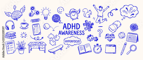 ADHD Awareness Doodle Art: A vibrant collection of hand-drawn doodles illustrating various aspects of ADHD, including focus, hyperactivity, and support.