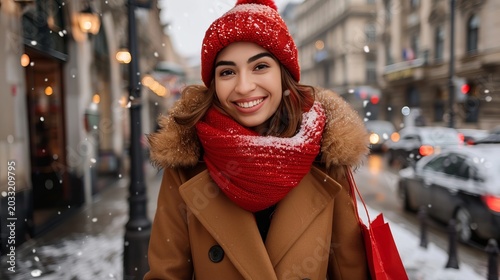 Joyful woman revels in shopping success, proudly holding bags in a vibrant city setting