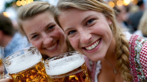 Zwei junge lachende Frauen in Tracht stoßen mit großen Bierkrügen auf einem Volksfest an.