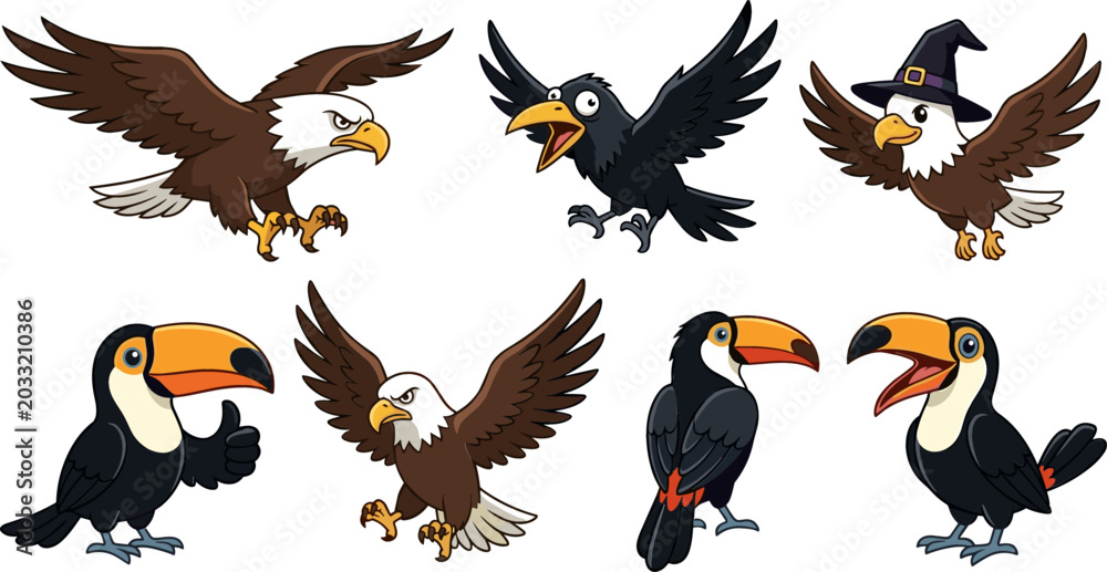Fototapeta premium Cute Cartoon Bird Vector Characters Set Featuring Bald Eagles Toucans and Black Crow Isolated on White Background for Children Graphic Designs
