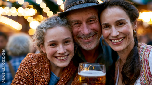 Ein lächelnder älterer Mann mit Hut und zwei lachende Frauen stoßen auf einem Volksfest mit einem Bierkrug an.