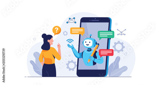 Young woman communicating with artificial intelligence bot assistant on large smartphone screen for support service.