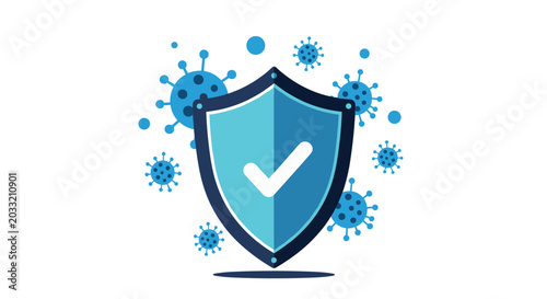 Security shield icon with a checkmark protecting against blue virus cells to represent health and cybersecurity.