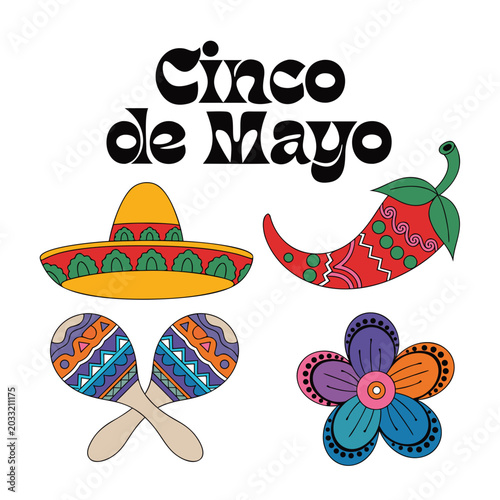 Colorful Cinco de Mayo celebration elements with sombrero and maracas  
