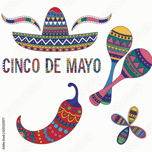 Colorful Cinco de Mayo design featuring sombrero and maracas  