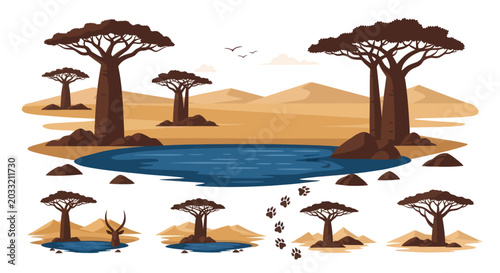 Bild auf Leinwand African Savanna Landscape Vector Illustration Set
