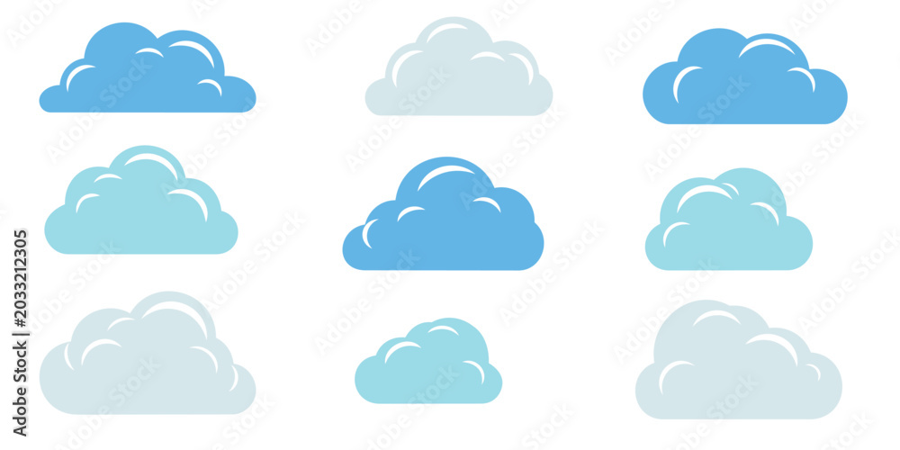 Obraz premium cloud vector icon set. Professional flat symbols for weather forecasting, sky scenery, cloud computing, and digital database interface concepts.