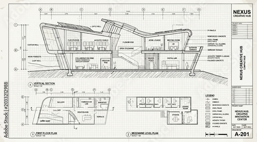 Obraz na plátne Architectural floor plans and vertical section drawing of the nexus creative hub
