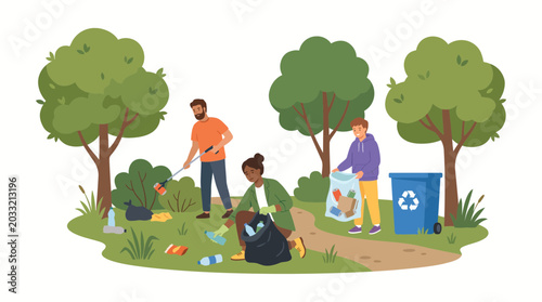 Photos Group of diverse volunteers cleaning up trash in a park.