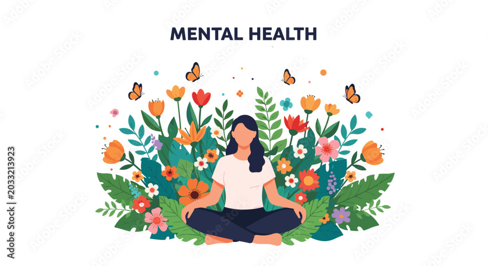 Fototapeta premium Young woman practicing meditation and mindfulness sitting in lotus pose surrounded by colorful flowers and butterflies.