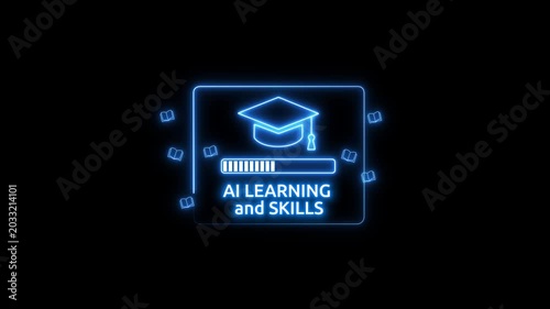 virtual AI learning skills interface and graduation cap icon, artificial intelligence education technology concept and smart digital study progress. 4k animation on transparent background.
