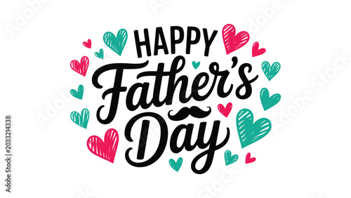 happy fathers day hand lettering typography with colorful heart doodles isolated on white background for celebration greeting card design