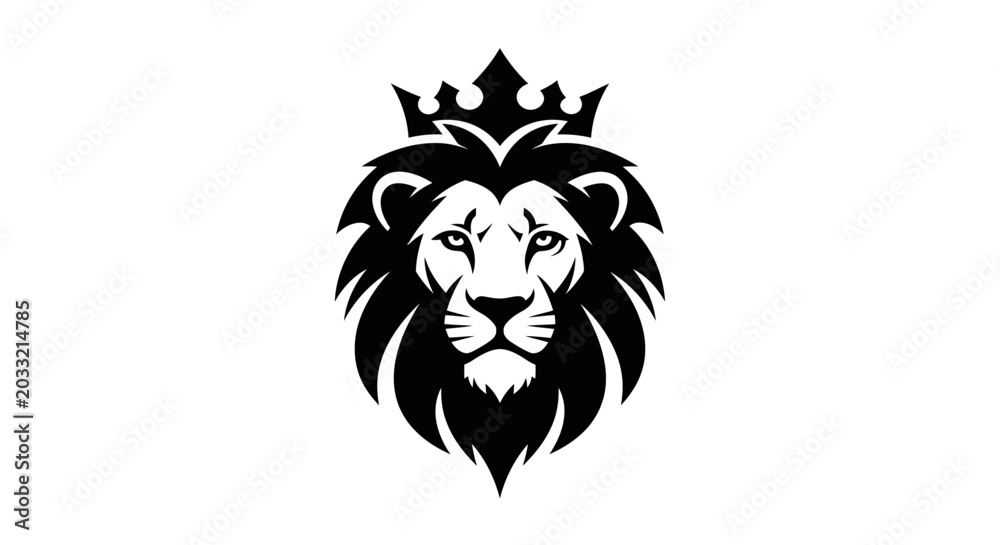 Obraz premium Majestic Lion Head with Crown Icon - Black and White Vector Illustration