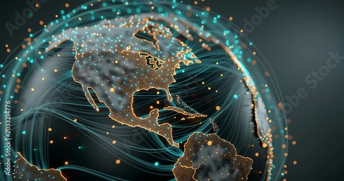 Global network connections visualized with glowing lights and data streams across continents