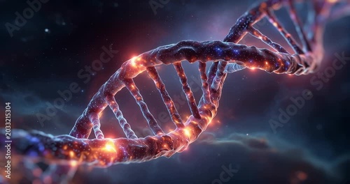 Abstract glowing DNA helix structure in deep space with nebulae and stars