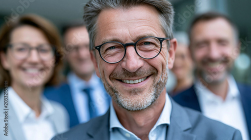 Lächelnder Geschäftsmann mit Brille steht vor einer Gruppe von Kollegen in einem modernen Bürogebäude.
