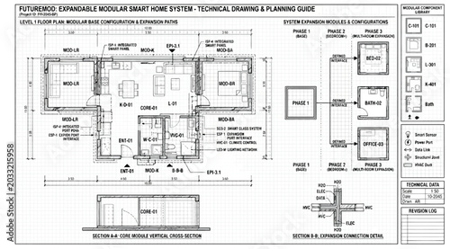 Schilderij op canvas Technical drawing and planning guide for a modular smart home system with floor