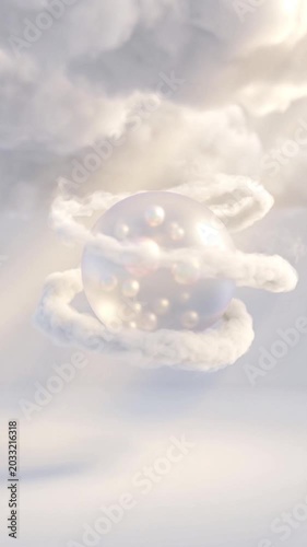 Ethereal Sphere with Floating Clouds and Glowing Orbs in Soft Light