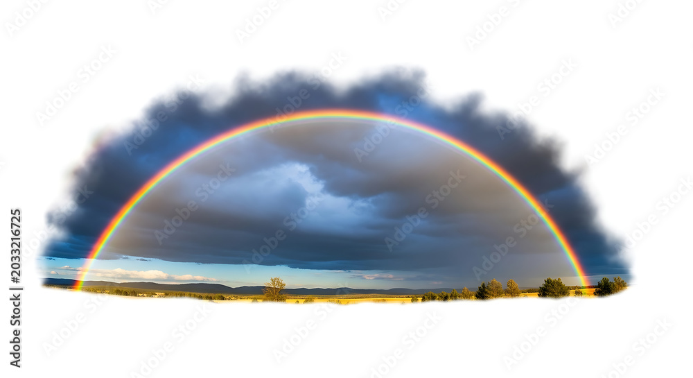 Fototapeta premium Beautiful vibrant rainbow isolated against a dramatic stormy sky over a serene natural landscape