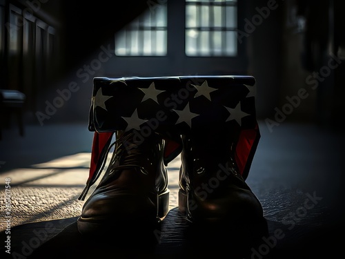 A pair of boots with an American flag draped over them in a dimly lit room.