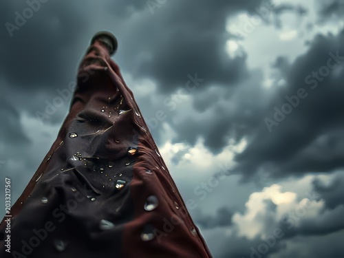 A brown umbrella stands tall against stormy weather with raindrops on its surface.