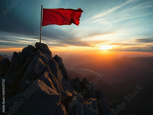 A red flag on a mountain peak at sunrise.