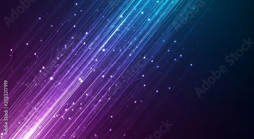 Abstract digital background featuring vibrant neon light trails radiating across a dark cosmic space.