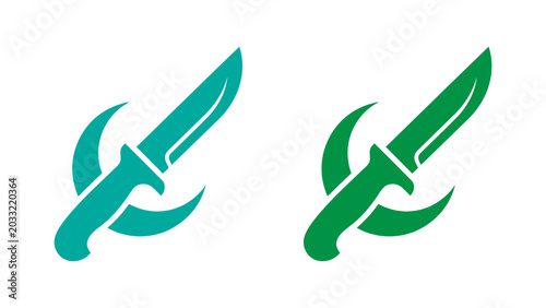 Obraz na płótnie Green dagger vector icons with curved blades and crescent moon elements for fant