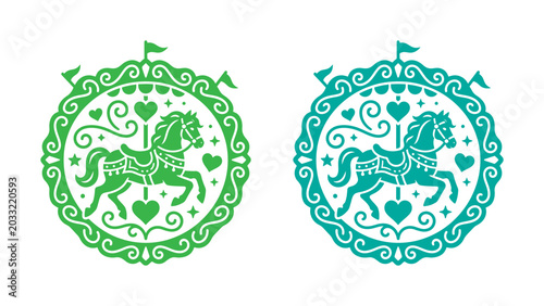 Carousel horse vector icons with hearts and stars in ornate circular frames for amusement park branding and nursery decor