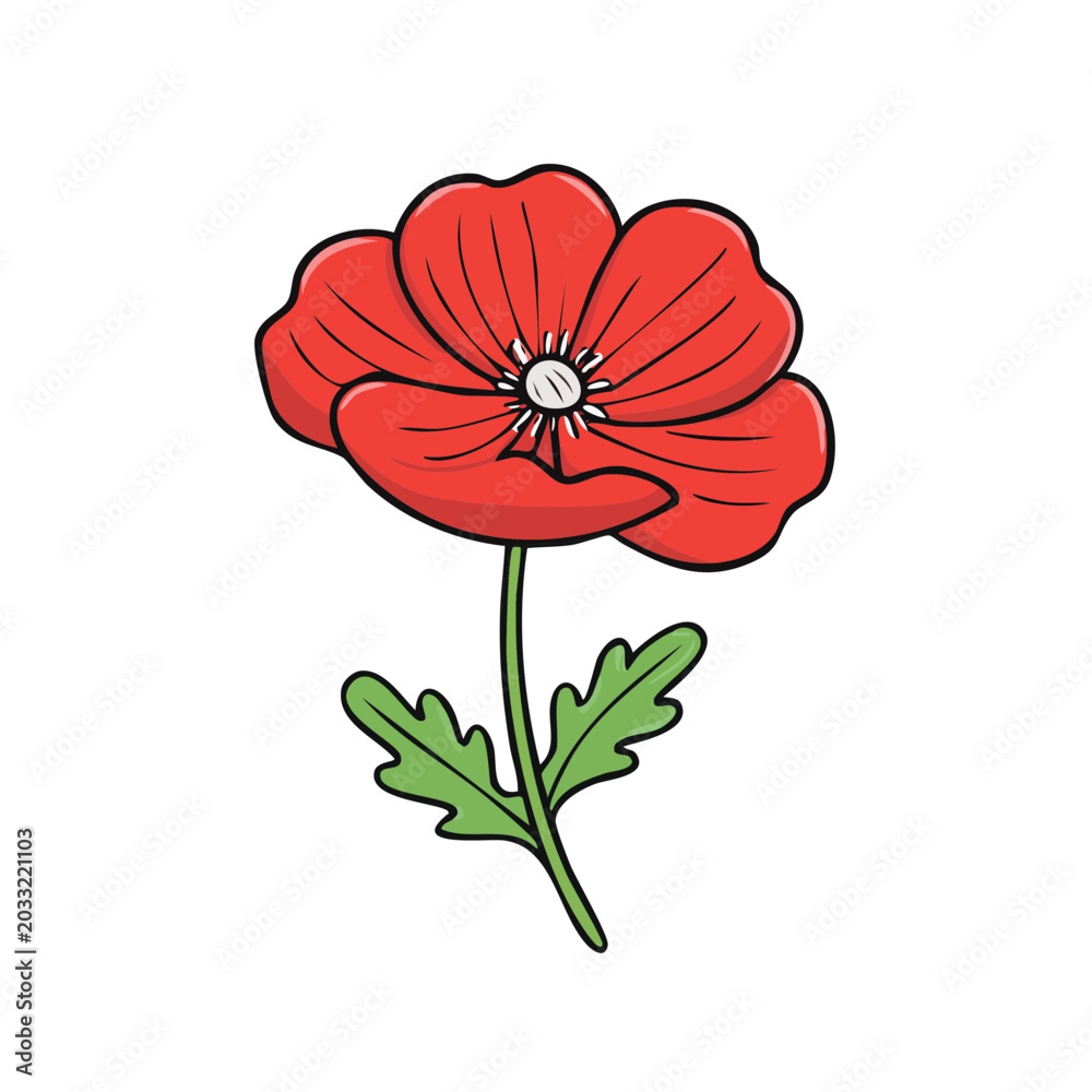Obraz premium Vibrant Red Poppy Flower Illustration with Green Stem and Leaves