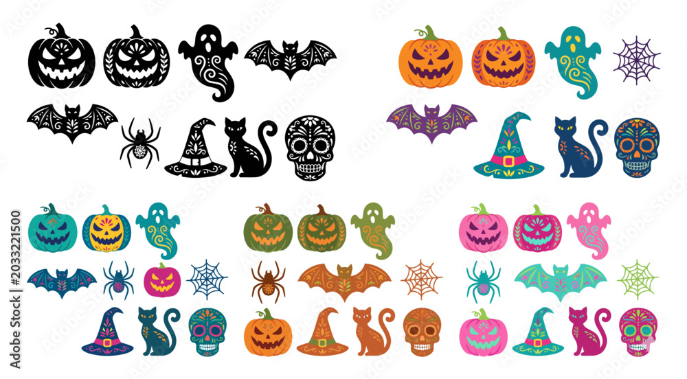 Fototapeta premium Halloween icons set with pumpkins ghosts and bats on transparent background