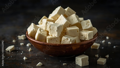 Pieces of paneer on a black backdrop. Indian cuisine.