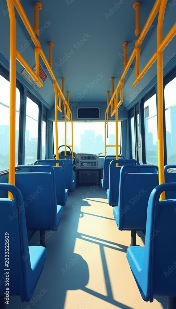 Fototapeta premium Empty bus interior with blue seats and yellow handrails. Sunlight streams through windows casting shadows on the aisle. Passengers wait for urban transit ride. City skyline outside.