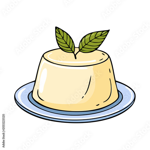 Creamy dessert with fresh mint leaves on a blue plate, simple hand-drawn illustration