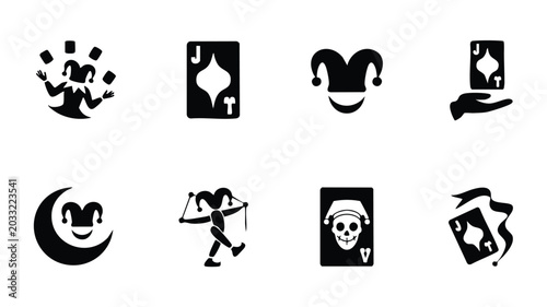 Collection of jester and playing card icons in black and white