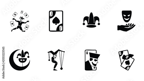 Collection of black and white jester and playing card icons for design
