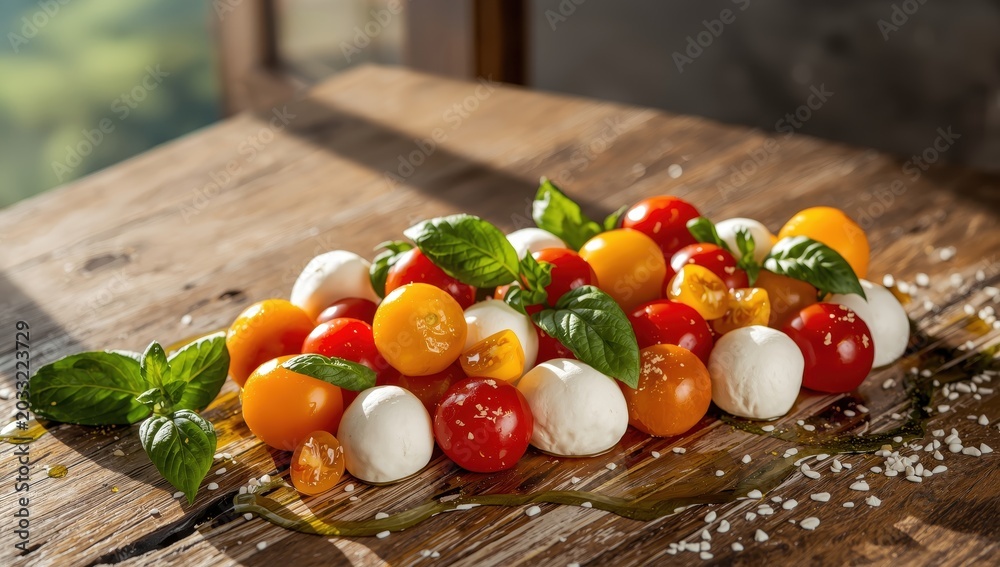 Obraz premium Traditional Caprese salad presented with cherry tomatoes, mozzarella pearls, and basil.