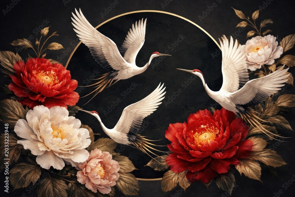 Naklejka premium Elegant cranes amidst vibrant peonies.