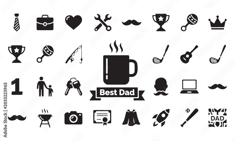 Fototapeta premium Father's Day flat icon set with Best Dad coffee mug vector silhouettes