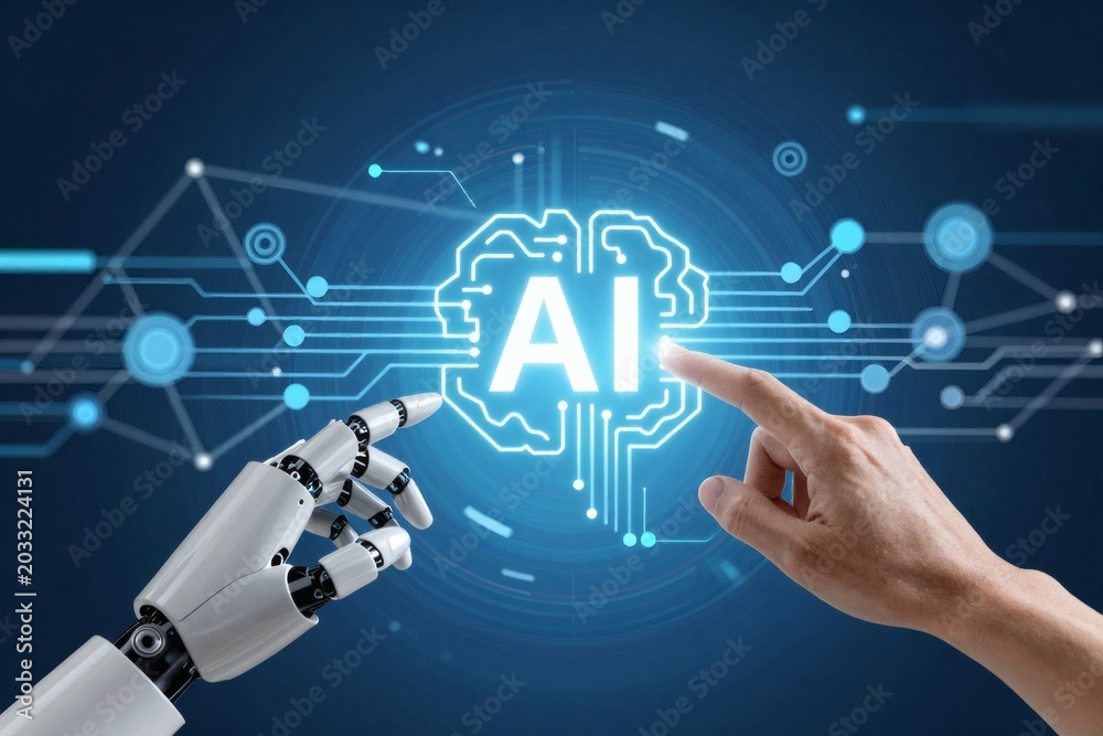 Obraz premium Human and robot hands interact with digital artificial intelligence brain circuit