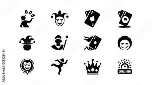 Black and white illustrations of various jester and playing card icons on white background