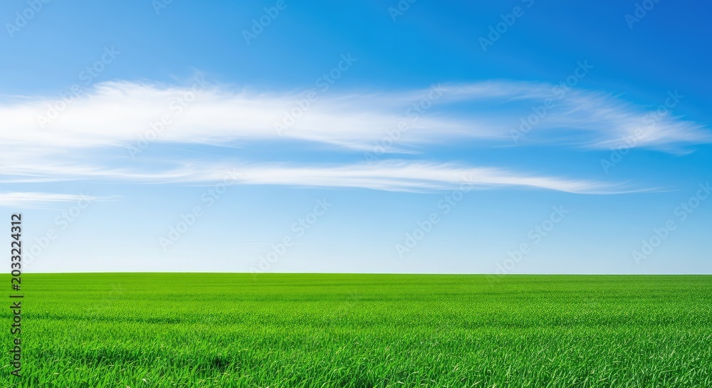 Obraz premium A vibrant green field stretching toward the horizon under a bright blue sky filled with soft white clouds on a sunny summer day, countryside, scenic, wild