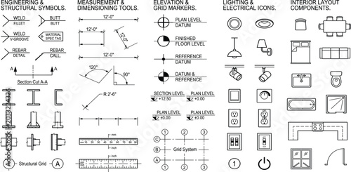 Foto Technical engineering and structural symbols library with measurement dimensioni