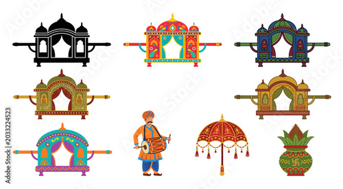 Tableau sur toile Indian palanquins musician and ceremonial pot on transparent background