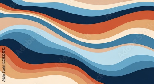 Abstract art featuring soft waves and flowing lines in shades of blue, beige, and terracotta. A modern minimalist design for backgrounds, lines, canvas, ripple